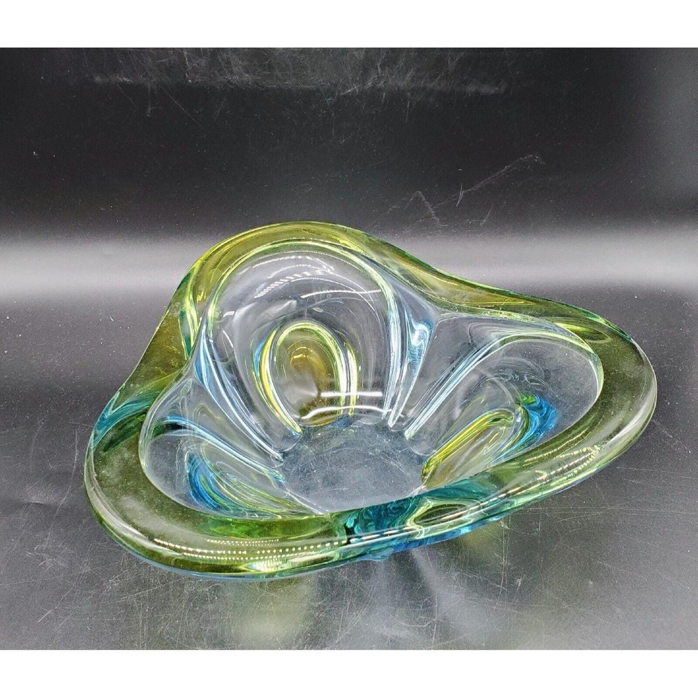 Vintage Walther Art Glass Decorative Bowl Triangle Green Blue 9"